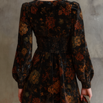 Retro Floral Print Pleated Waist Velvet Mini Dress