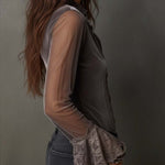 Vintage Polyester Velvet Sheer Sleeves Lace Trim Blouse