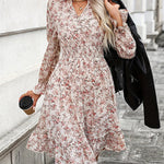 A-Line Long Sleeves Elasticity Flower Print V-Neck Midi Dresses