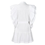 A-Line High Waisted Buttoned Pleated Ruffled Solid Color Tied Waist Lapel Mini Dresses