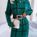 Elasticated Waist Long Sleeves Belted Contrast Color Plaid Round-Neck Mini Dresses Sweater Dresses