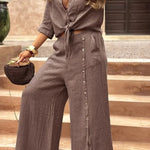 Solid Color Lapel Casual Button-down Shirt and Loose Pocket Slit Wide-leg Pants Set