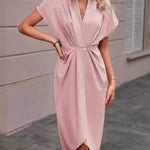 High-Low Loose Knot Pleated Solid Color Split-Front V-Neck Midi Dresses