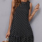 A-Line High Waisted Pleated Polka-Dot Split-Joint Round-Neck Mini Dresses