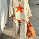 Warm Winter Day Texture Knit Star Pattern Contrast Color Loose Sweater