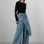 High Waisted Irregularity Asymmetric Buttoned Fringed Interlace Layered Pockets Solid Color Jean Pants Bottoms