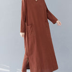 A-Line Long Sleeves Pockets Solid Color Split-Side V-Neck Maxi Dresses