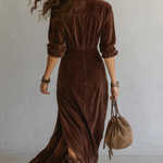 Vintage Button-stitched Pleated Velvet Midi Dress