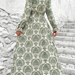 Loose Puff Sleeves Elasticity Printed Split-Joint V-Neck Maxi Dresses