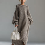 Elegant Urban Silhouette Round Neck Heathered Khaki Knitted Maxi Dress
