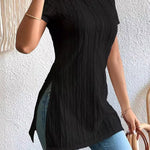 Short Sleeves Pleated Solid Color Split-Joint Split-Side Round-Neck T-Shirts