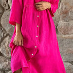 Cotton linen solid color casual stand collar button long dress