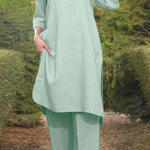 Cotton and linen V-neck 3/4 sleeve wide brimmed pants 2-piece set