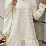 White Grid Textured Ruffle Hem Mini Dress