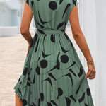 High Waisted Sleeveless Abstract Printed Contrast Color Pleated Polka-Dot Split-Joint Tied Waist Round-Neck Midi Dresses