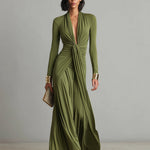 Women's Olive Silky Stretchy Dress With Deep V-Neck & Ruched Detail, Glamorous Maxi Dress
