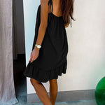 Solid color V-neck backless loose lotus leaf dress