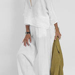 Linen Blend Solid Color Casual Round Neck Top and Loose Wide-leg Pants Set