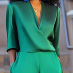 Loose Three-Quarter Sleeves Solid Color V-Neck Jumpsuits