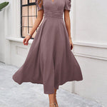 A-Line High Waisted Pleated Solid Color Zipper V-Neck Maxi Dresses