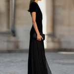 Short Sleeve Floor-Length Dress With Sheer Flowing Skirt