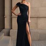 One-Shoulder Ruched High-Slit Evening Gown