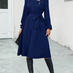 A-Line Long Sleeves Buttoned Solid Color Tied Waist Asymmetric Collar Midi Dresses
