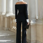 Off-Shoulder Contrast-Collar Tailored Blazer And Straight-Leg Trousers Set