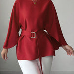 Batwing Sleeves Split-Joint Tied Waist Round-Neck Blouses&Shirts Tops