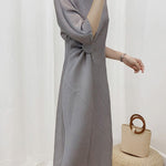 Half Sleeves Irregular Clipping Pleated Solid Color Round-Neck Midi Dresses