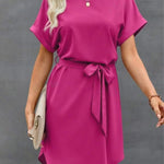 Loose Short Sleeves Solid Color Tied Waist Round-Neck Mini Dresses