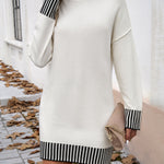 Long Sleeves Loose Contrast Color Split-Joint Mock Neck Mini Dresses Sweater Dresses