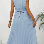 Loose Raglan Sleeve Elasticity Pleated Solid Color Split-Joint Tied Waist Round-Neck Midi Dresses