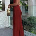 Charm and Charisma Texture Fabric Halter Neck Backless Tank and Elastic Waist Wide Leg Pants Suit