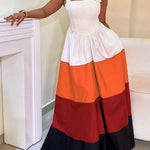 A-Line High Waisted Contrast Color Pleated Pockets Tied Zipper Spaghetti-Neck Maxi Dresses