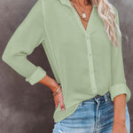 Casual Loose Long Sleeve Button V Neck Shirt Top