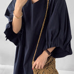 Causal Plus Size Pleated Raglan Sleeve V-Neck Midi Dress