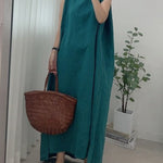 Casual Simple Solid Color Split-Side Round-Neck Sleeveless Midi Dress