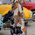 Loose Short Sleeves Flower Print Split-Joint Off-The-Shoulder Maxi Dresses