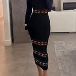 Bodycon Long Sleeves Hollow Solid Color Split-Joint Off-The-Shoulder Midi Dresses
