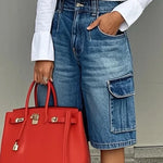 Loose Wide Leg Buttoned Pockets Jean Pants Bottoms Shorts Bottoms