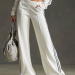 Sporty Retro Striped Webbing White Long-Sleeve Sweatshirt And Wide-Leg Pants Set