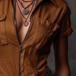 Classic Caramel Zip-Front Utility Short Sleeve Shirt