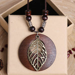Vintage Alloy Leaf Wooden Pandent Necklace
