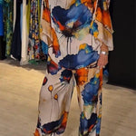 Casual Crew Neck Printed Satin Suit