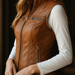 Retro Stand Collar Zipper-up Faux Leather Waistcoat