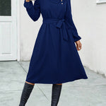 A-Line Long Sleeves Buttoned Solid Color Tied Waist Asymmetric Collar Midi Dresses