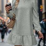 A-Line Long Sleeves Jacquard Pleated Solid Color Split-Joint Round-Neck Mini Dresses