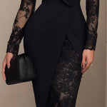 Sophisticated Black Blazer-Style Lace Midi Dress
