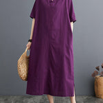 A-Line Loose Chinese Frog Buttons Pockets Solid Color Split-Side V-Neck Midi Dresses
